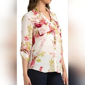 Calvin Klein Semi-Sheer Floral Button-Down Roll Tab Sleeve Shirt Size S